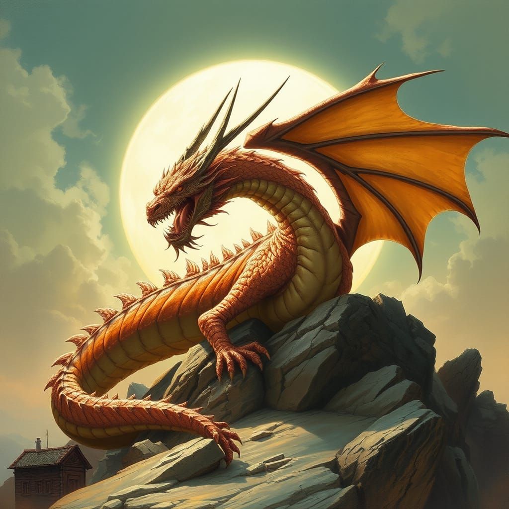 Dragon Soaring Above Dark Cliff with Vibrant Green Eyes