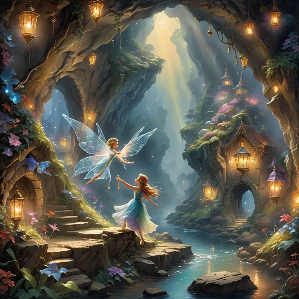 Fairy Exploring Crystal Cave in Ethereal Fantasy Style