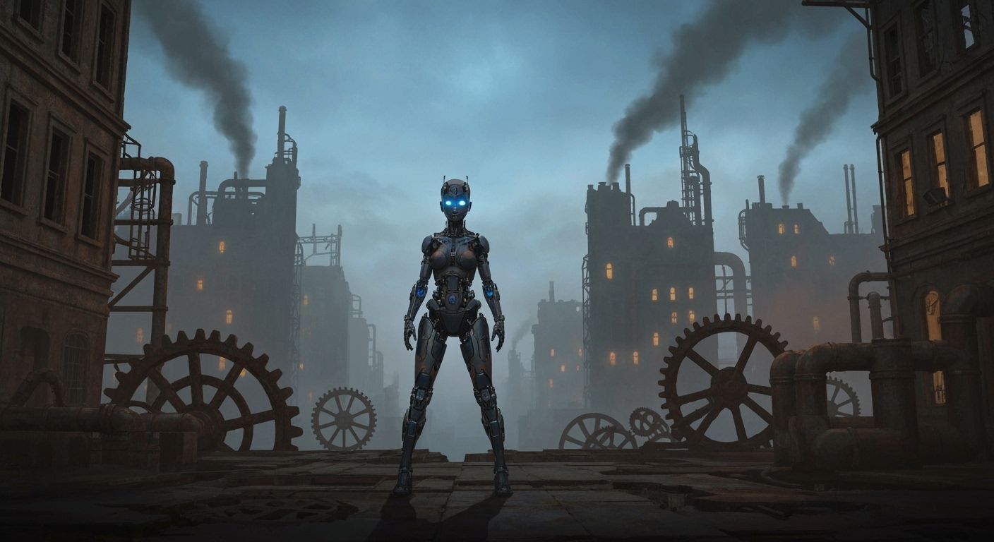Cybernetic Woman in Decaying Steampunk Cityscape