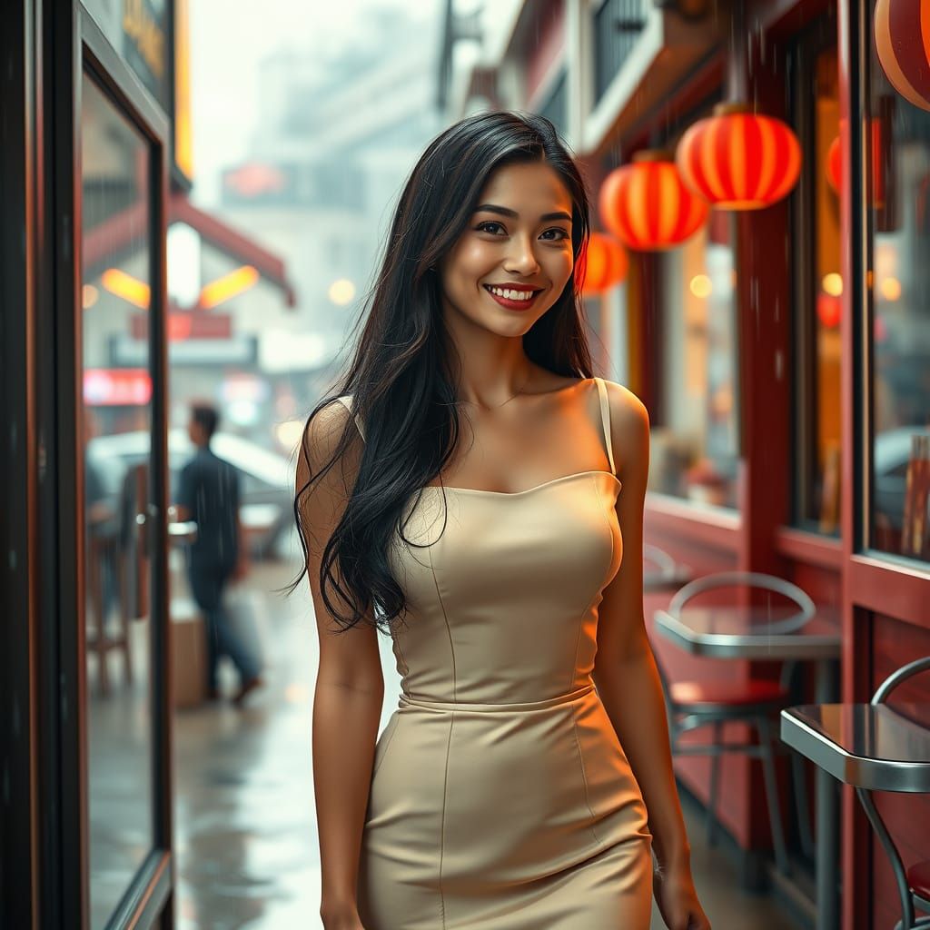 Retrofuturistic Cafe Scene with Woman in the Rain
