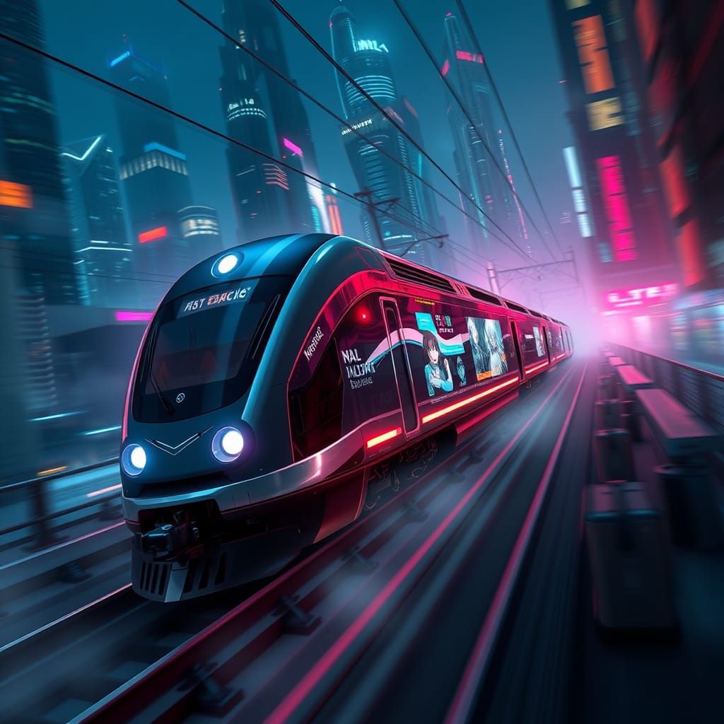 Midnight Express: Futuristic Train in Neon Cityscape