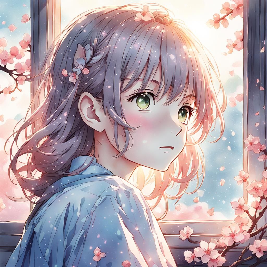 Anime Portrait: Girl in Sunlight with Cherry Blossoms