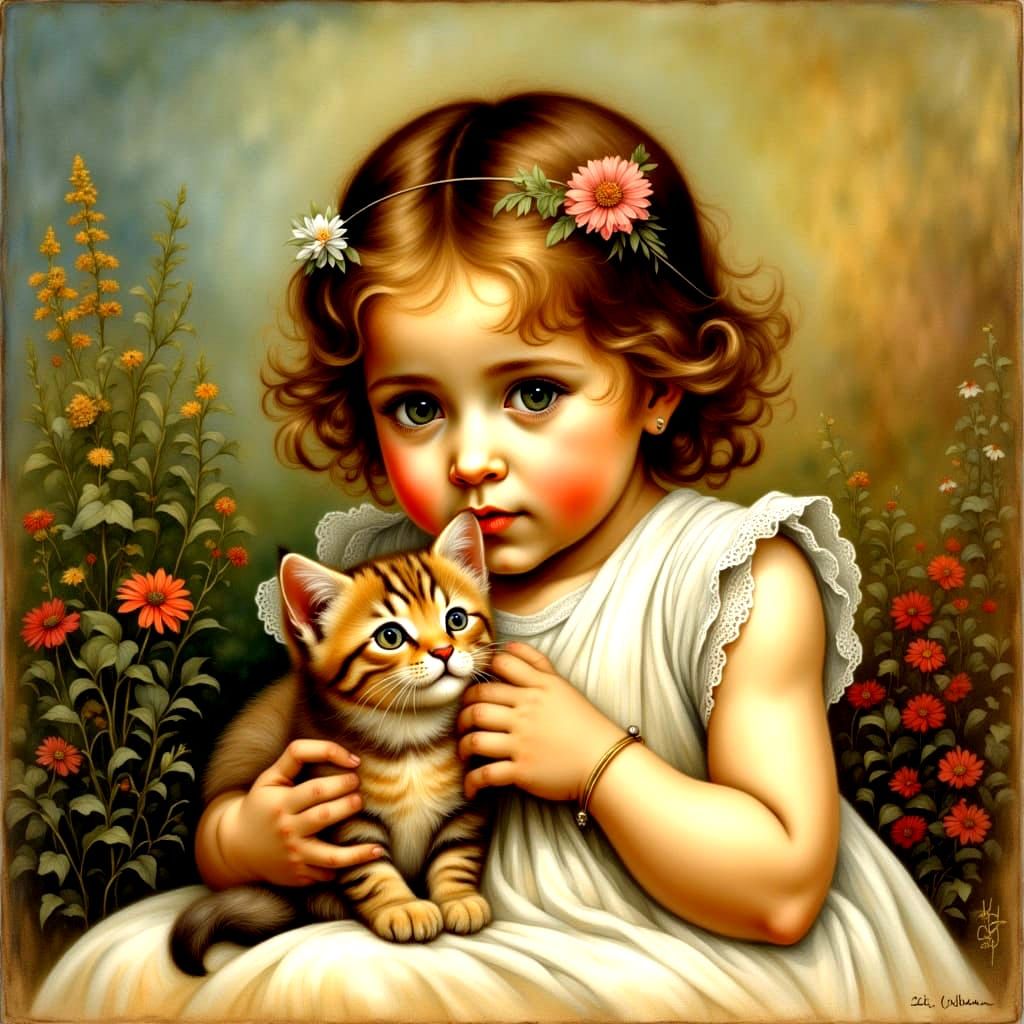 <lora:my cute world:1.0> little girl  playing with her kitten