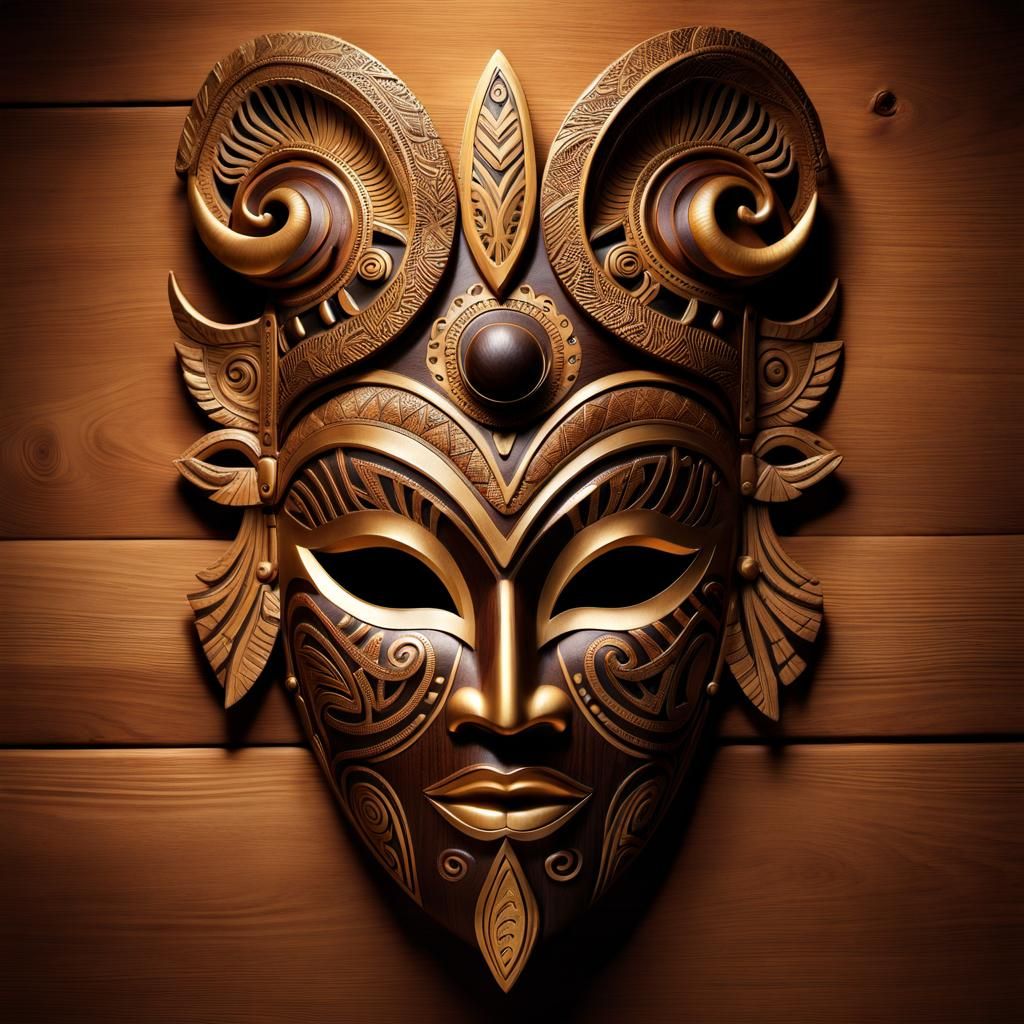 Intricately Carved Wooden Tribal Mask in Hyperrealistic Styl...