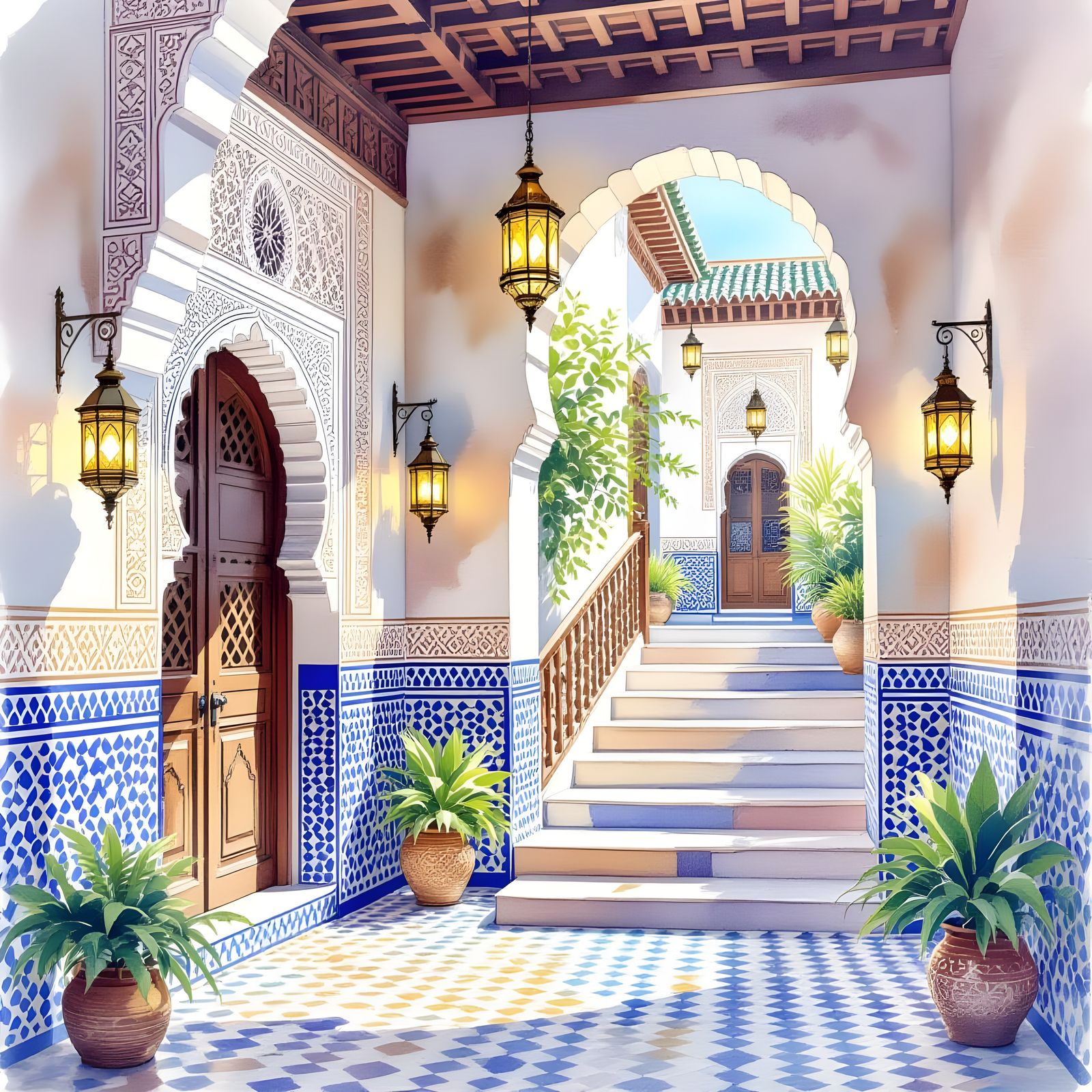 Moroccan Heritage Art: Watercolor & Pencil Architecture