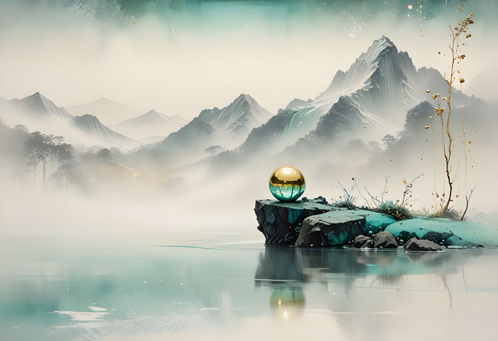 Mystical Landscape with Golden Spheres and Bioluminescence