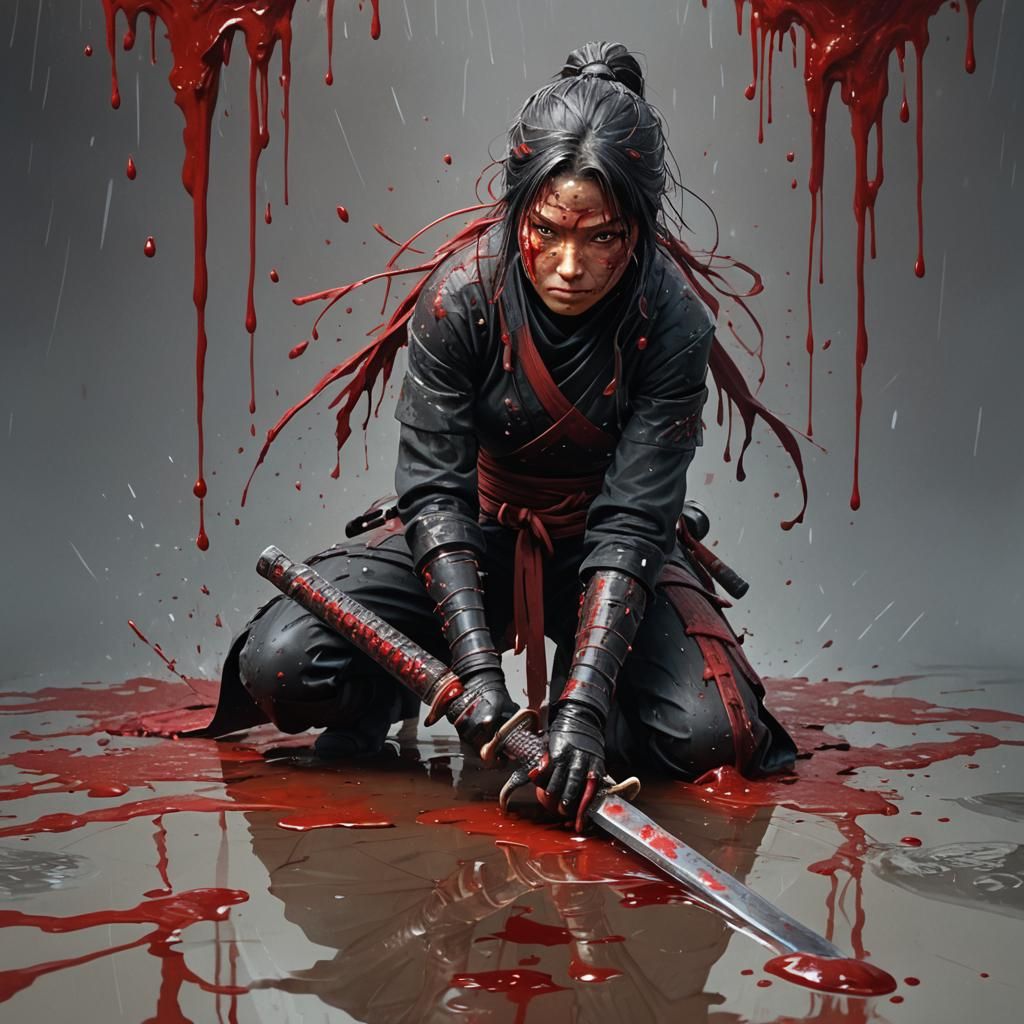 Female Ninja Kneels After Bloody Battle