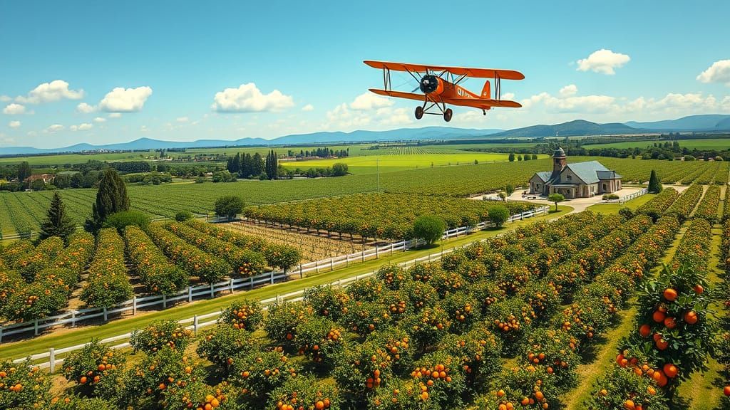 Orange Orchard Vista with Biplane in Gouache Style