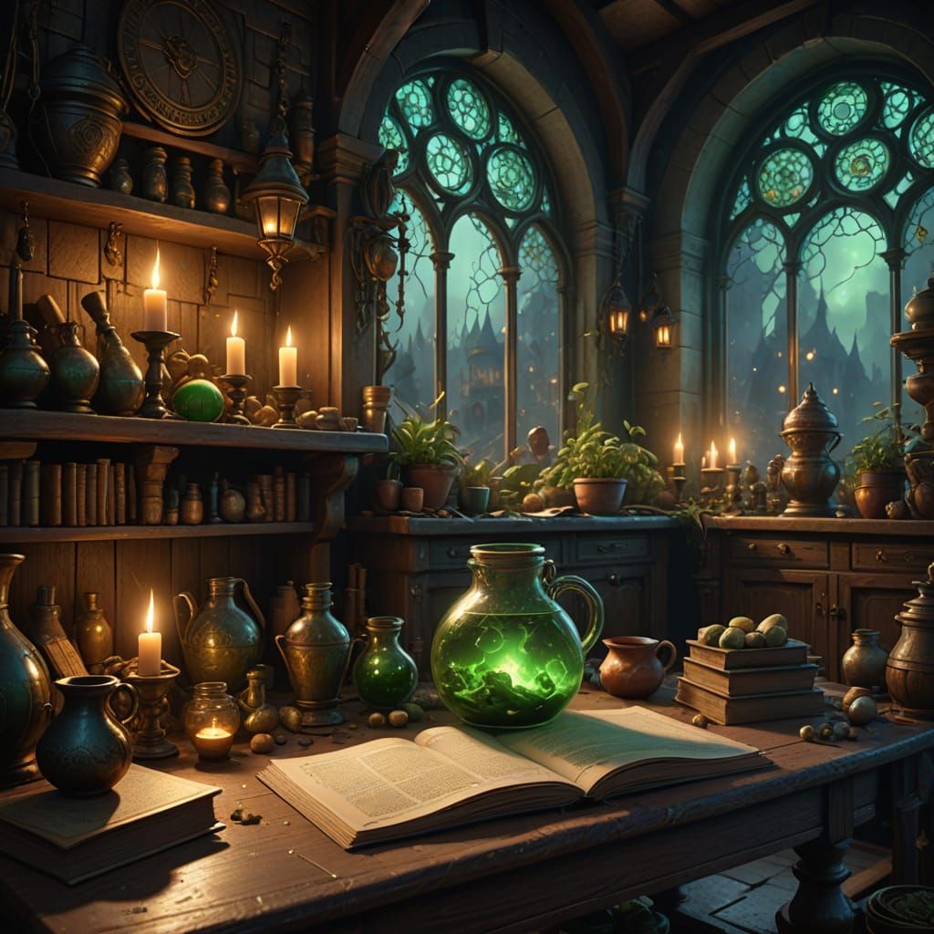 Ethereal Potion Laboratory Scene in Whimsical Fantasy Style