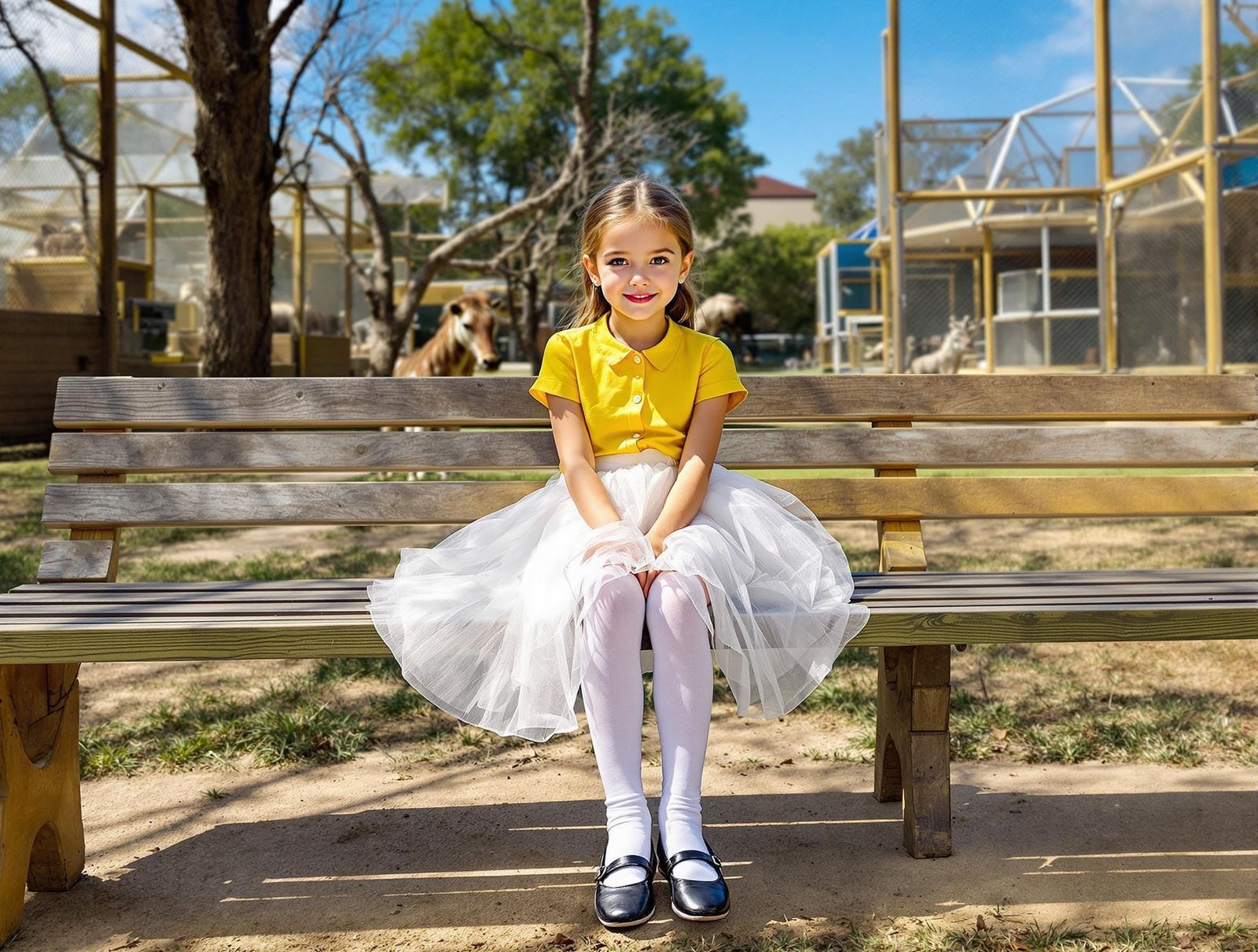 Girl on Bench in Sunny Zoo, Photorealistic Style