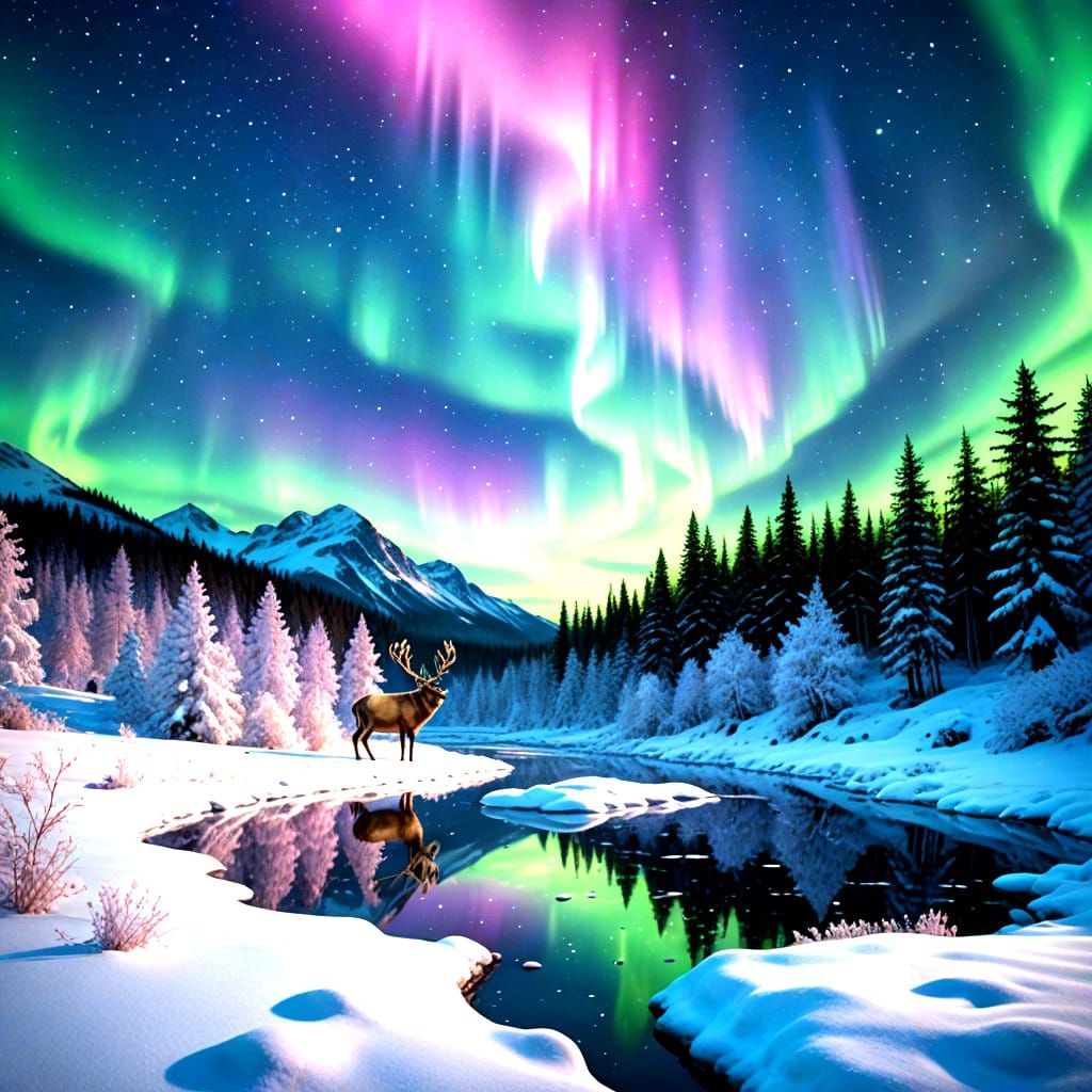 Vibrant Northern Lights Reflected in Snowy Winter Scene