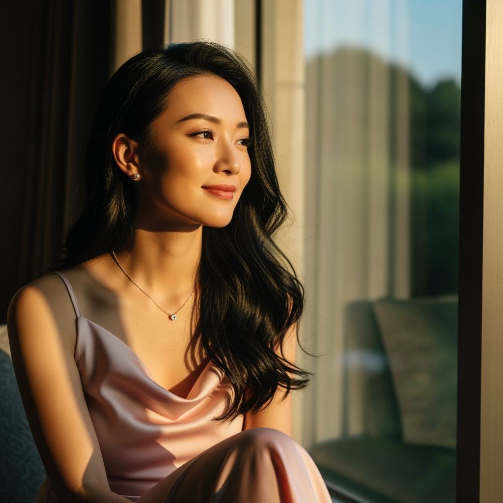 Elegant Asian Woman in Silk Dress, Soft Lighting
