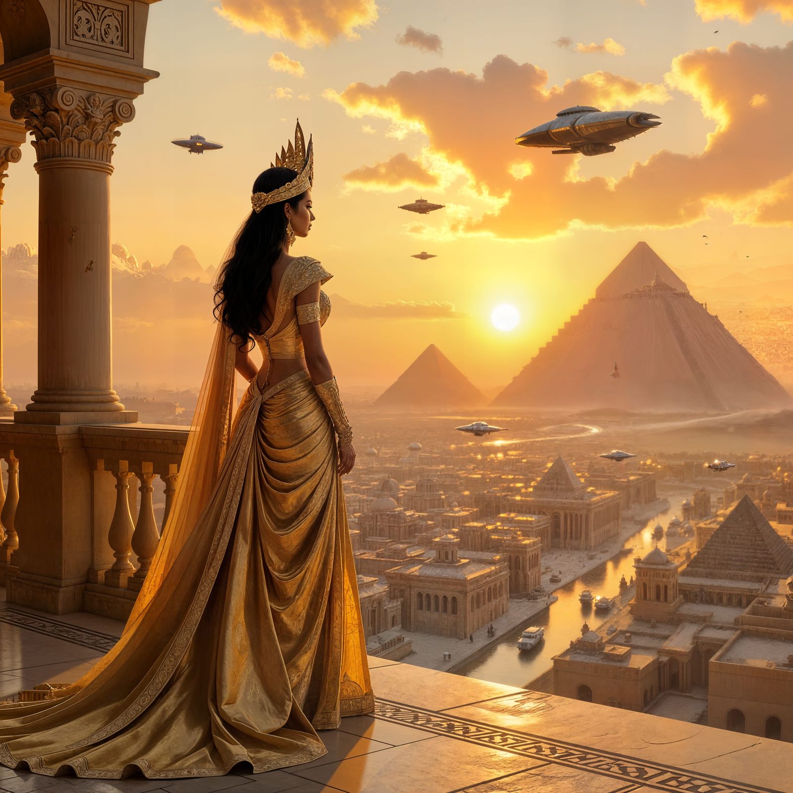 Regal Queen Overlooks Ancient City in Matte Painting Style