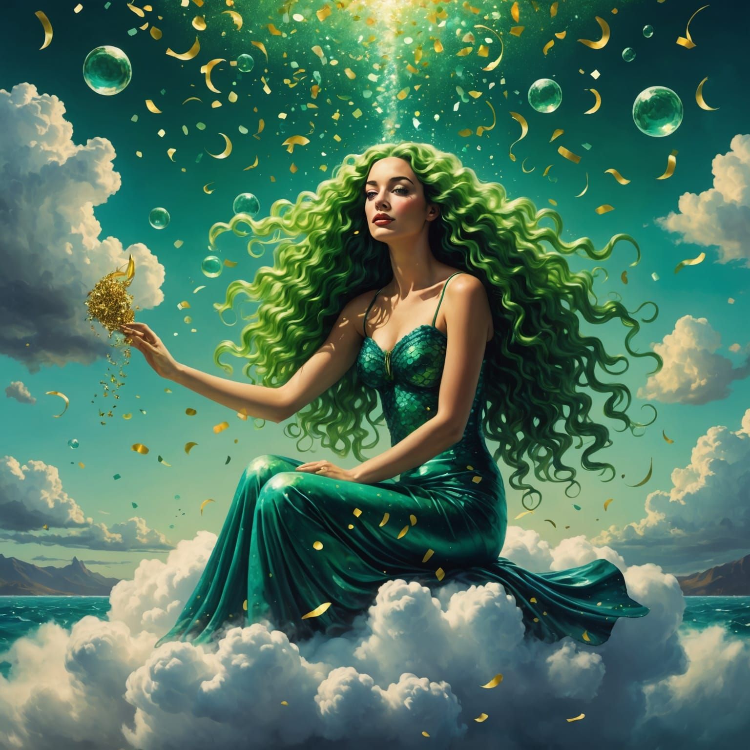 Surreal Mermaid on Cloud with Confetti