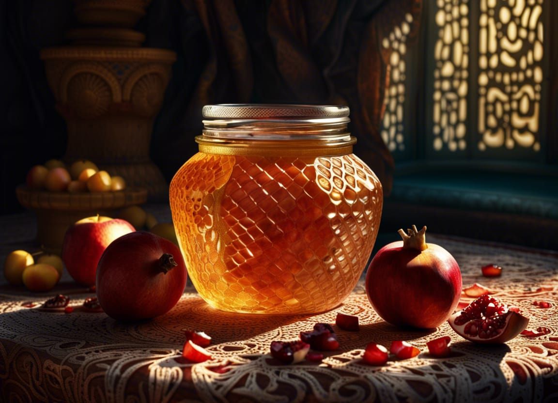 Hyperrealistic Still Life with Honey and Fruits