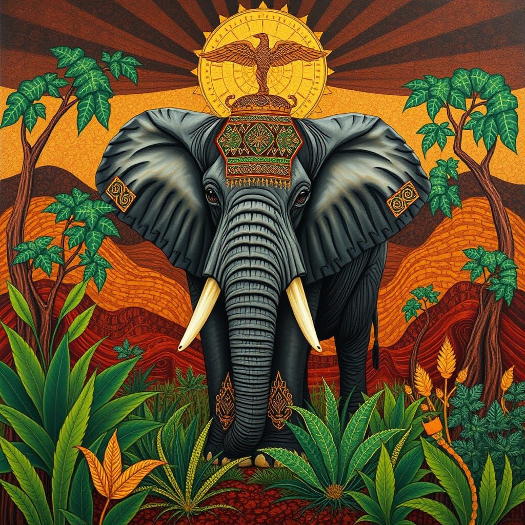African Elephant Painting with Geometric Patterns