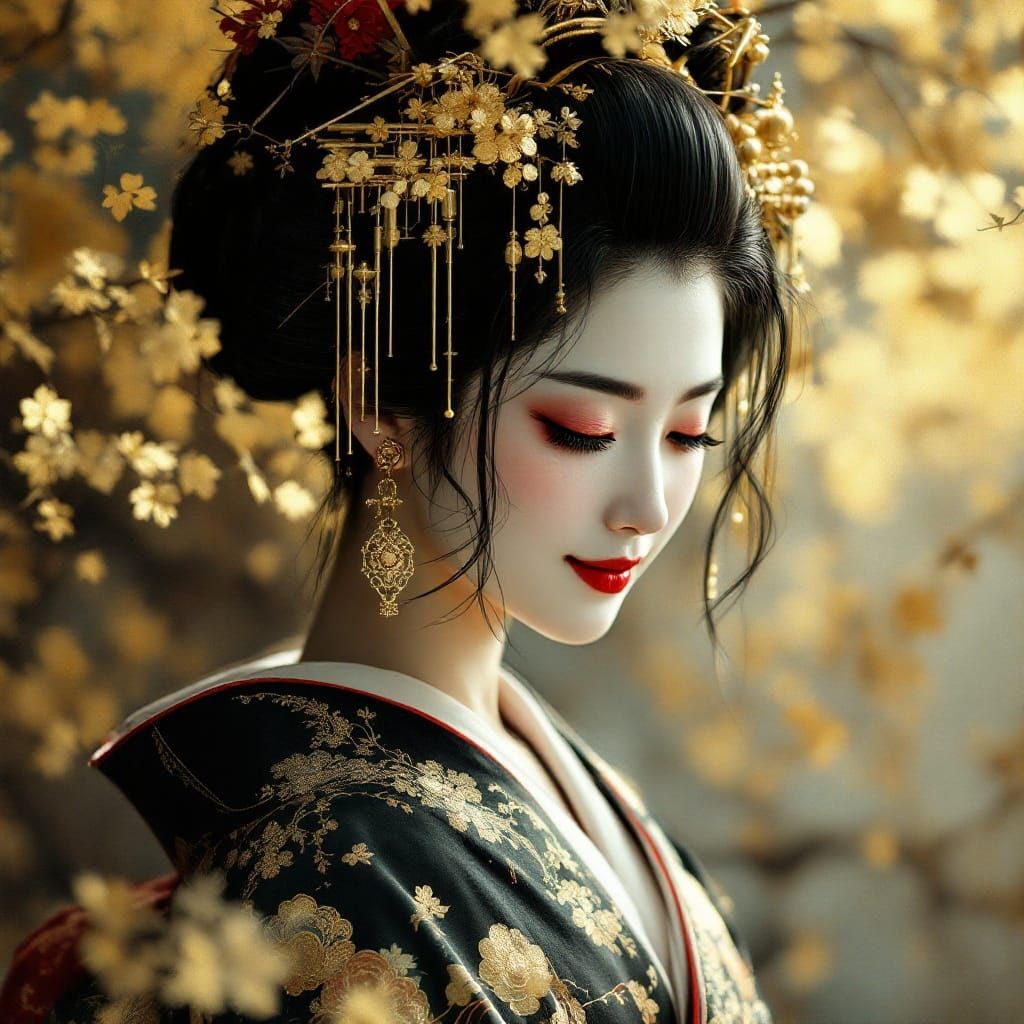 Serene Geisha in Ebony Tresses and Golden Kimono