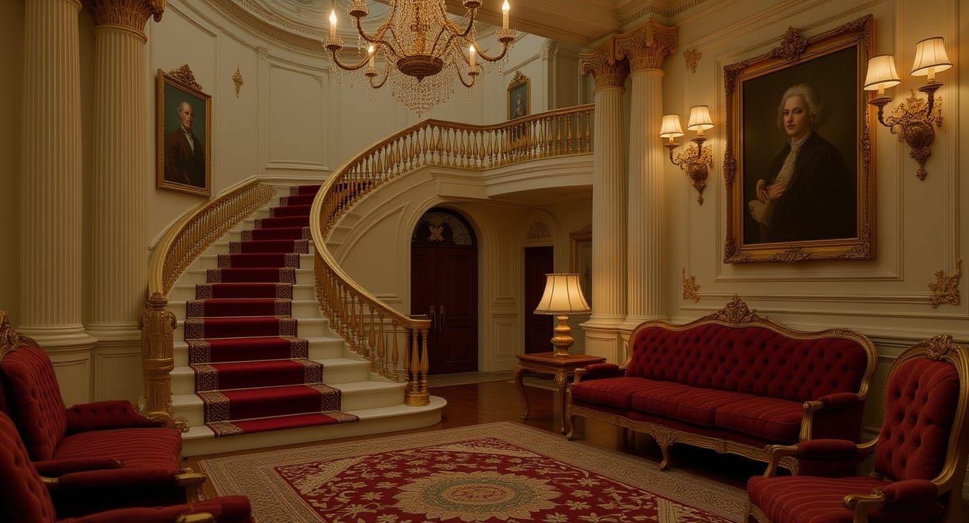 Empire Style Grand Staircase in Lavish Living Room