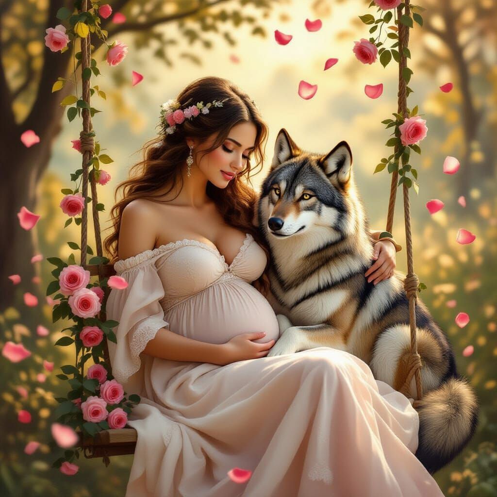 Pregnant Woman and Wolf on Swing with Falling Roses