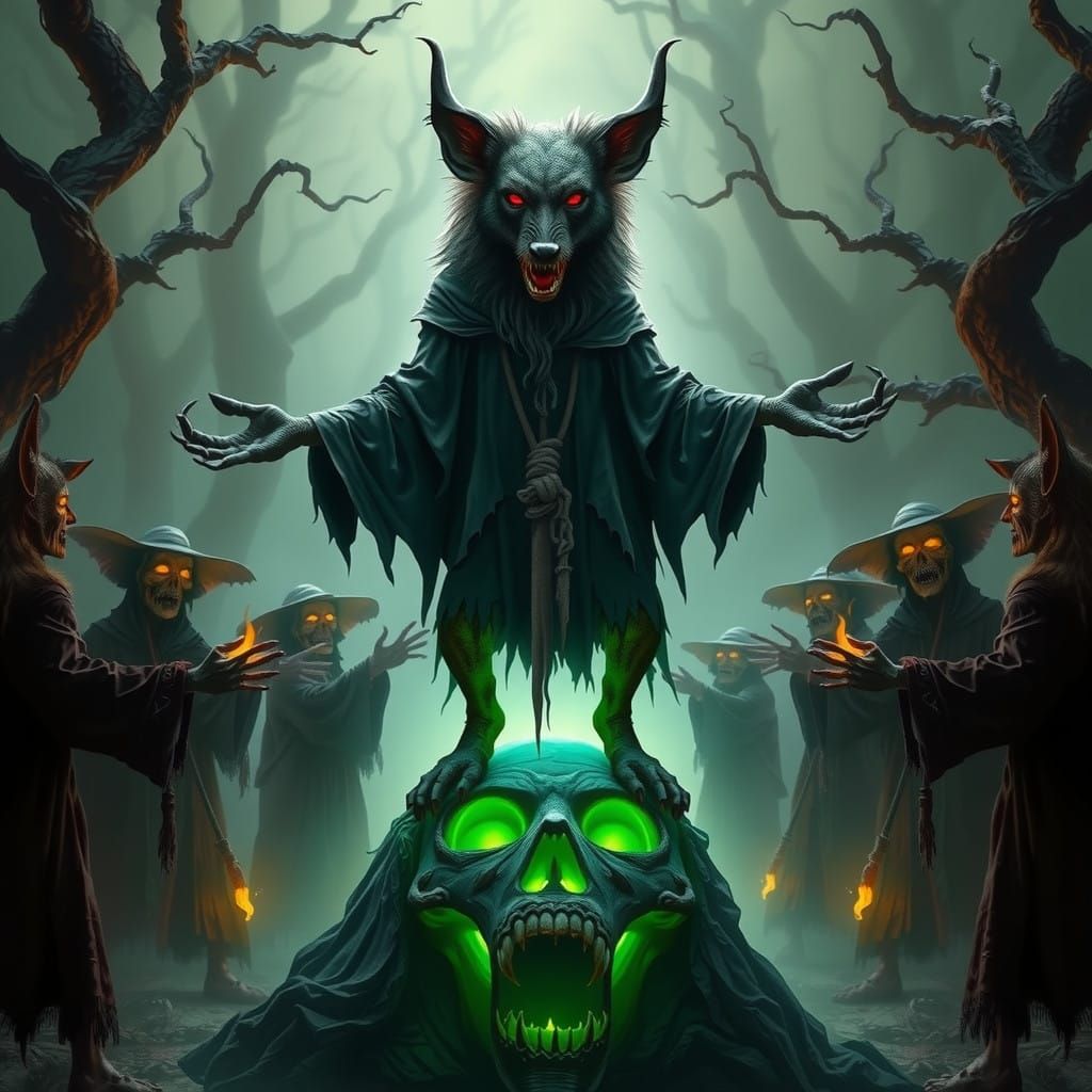 Gothic Sorcerer Amidst a Coven of Witches