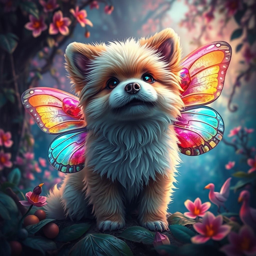 Fantastical Forest Canine with Iridescent Wings