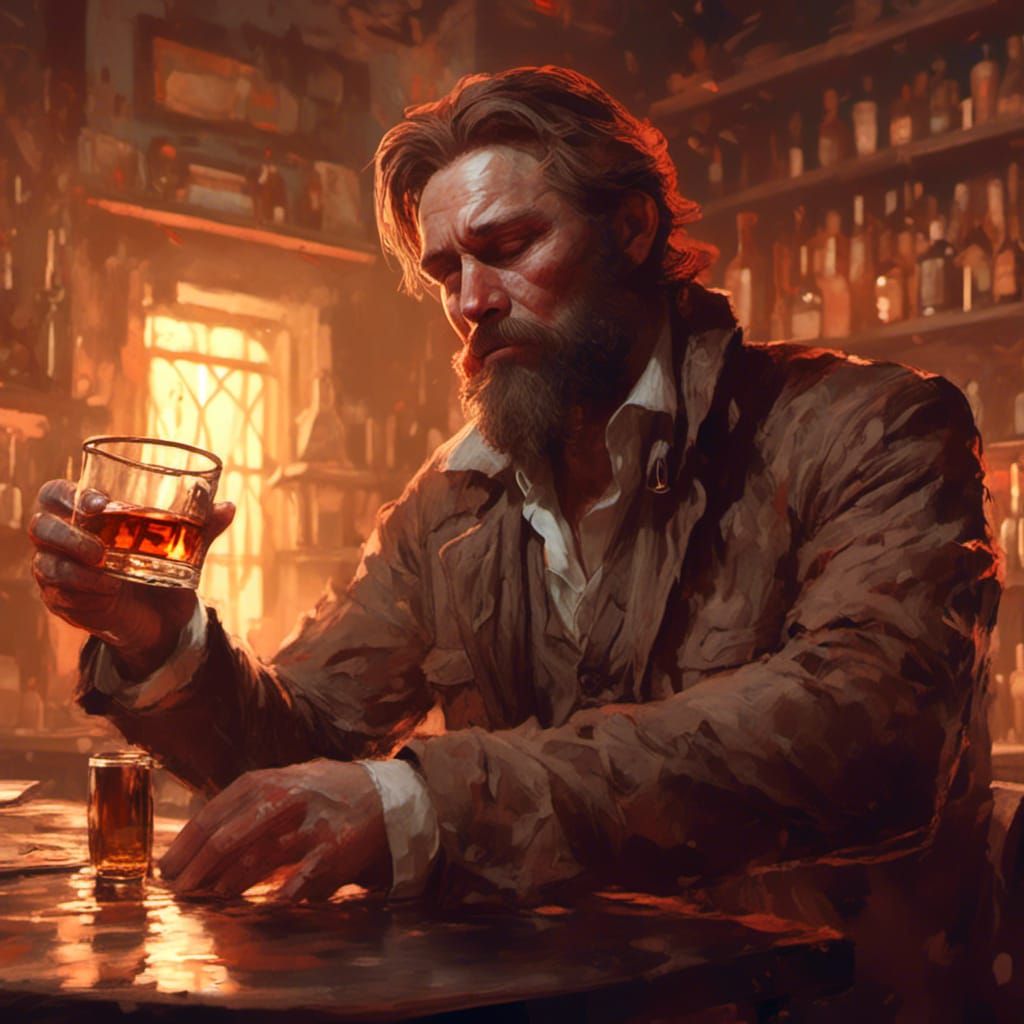 Detailed Portrait of Bearded Man with Whiskey