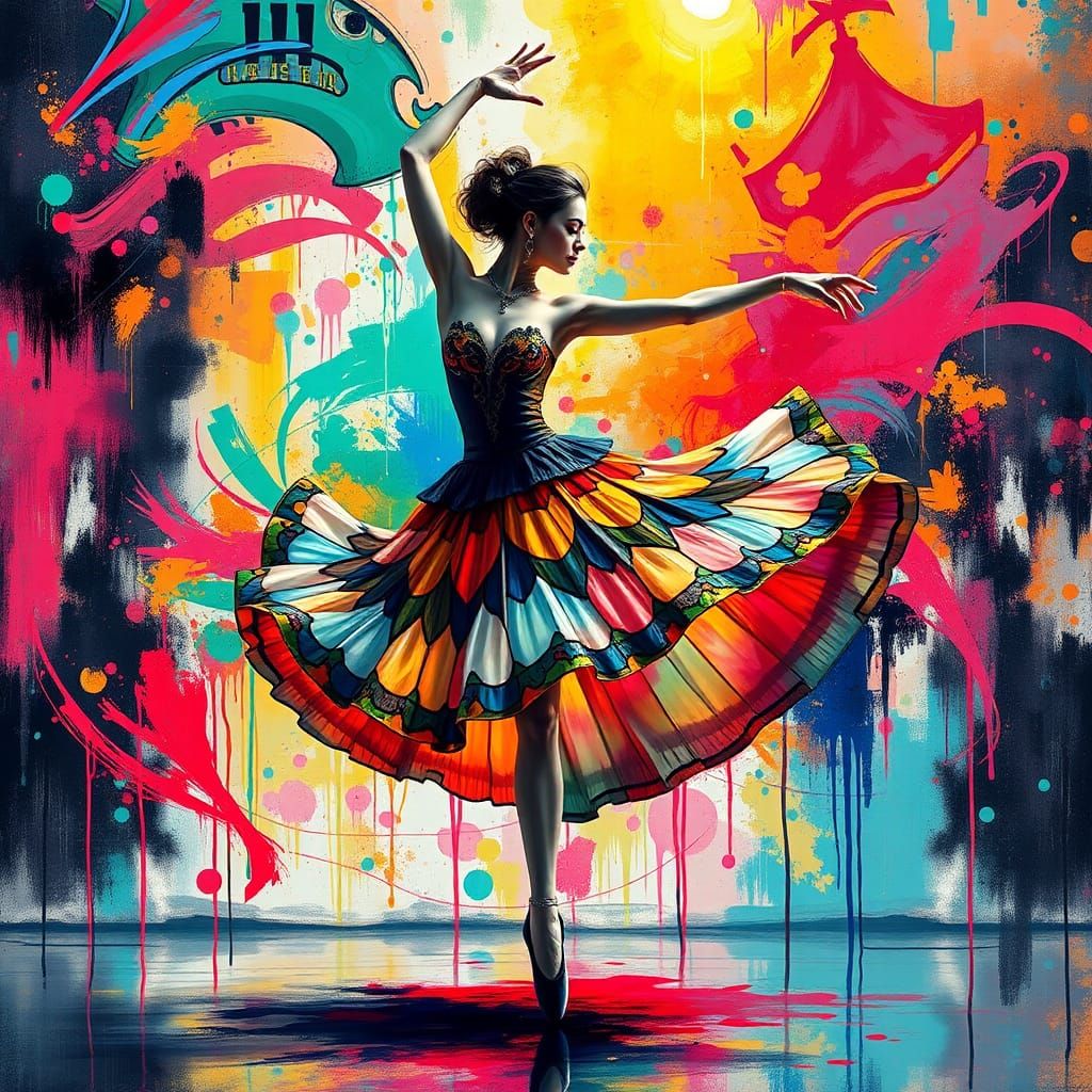 Ballet Dancer in Tiffany Lamp Skirt, Graffiti Art