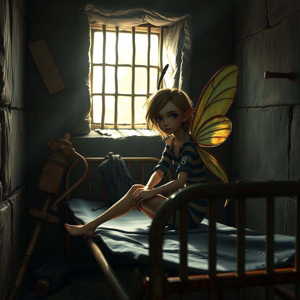 Realistic Fairy in Prison Cell, Sunlit, Concept Art