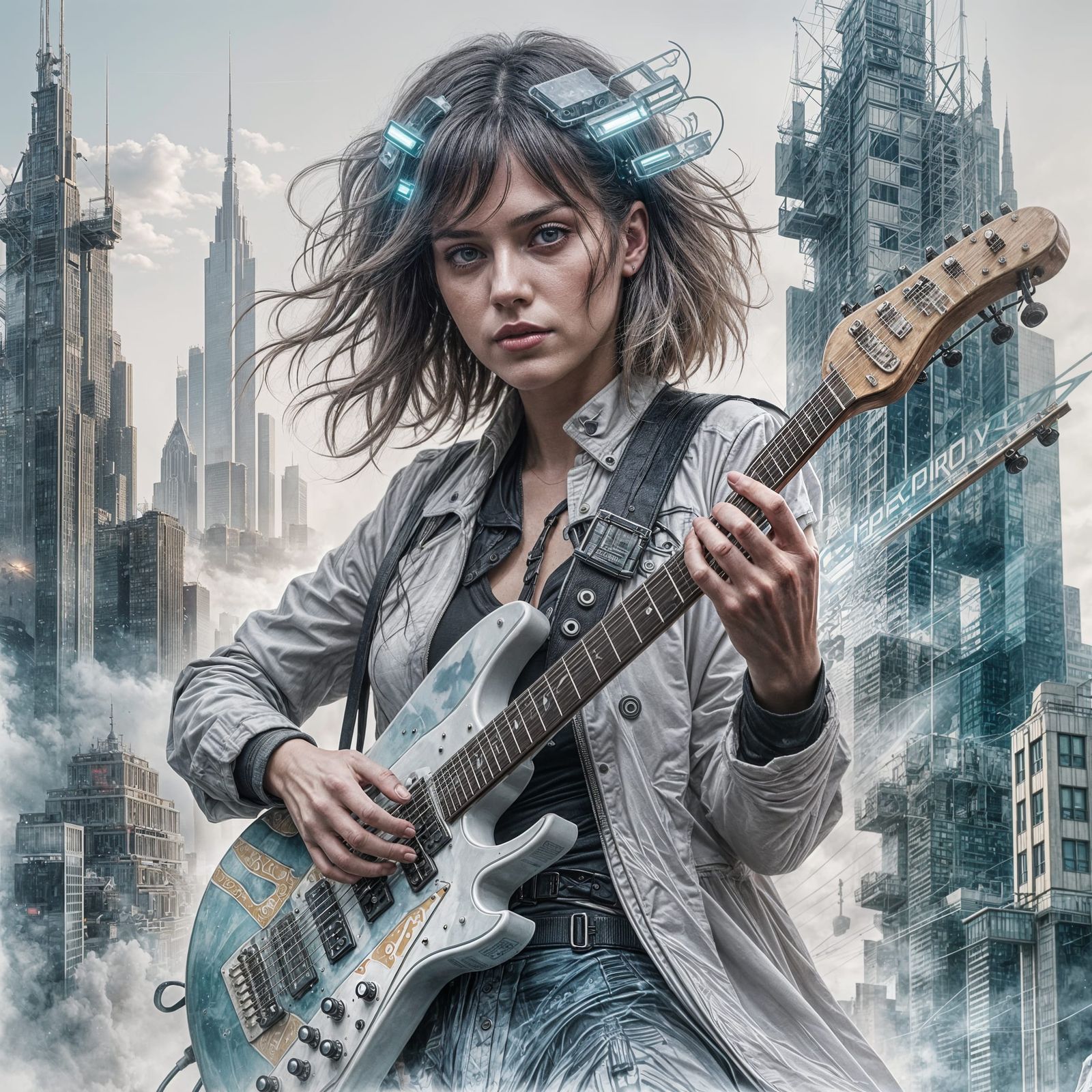 Double Exposure: Rock Girl in Dystopian Cityscape