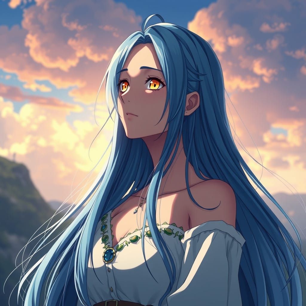 Ethereal Anime Goddess with Vibrant Blue Tresses