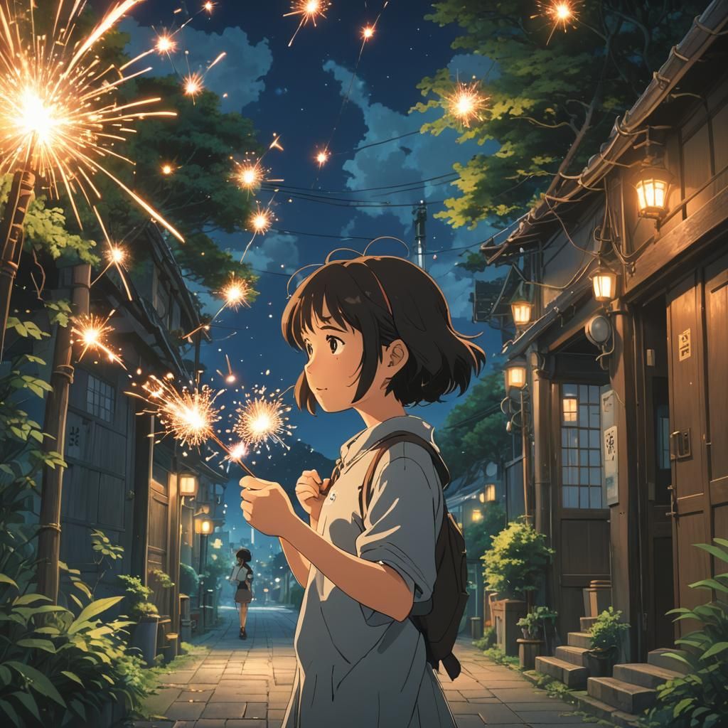 Girl Watching Sparkler, Studio Ghibli Anime