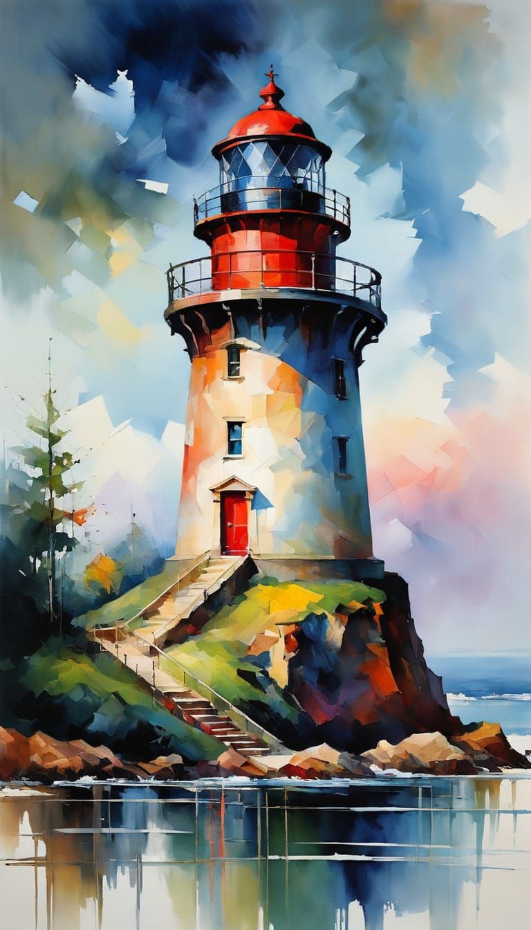 Impressionistic Lighthouse Masterpiece with Geometric Filigr...