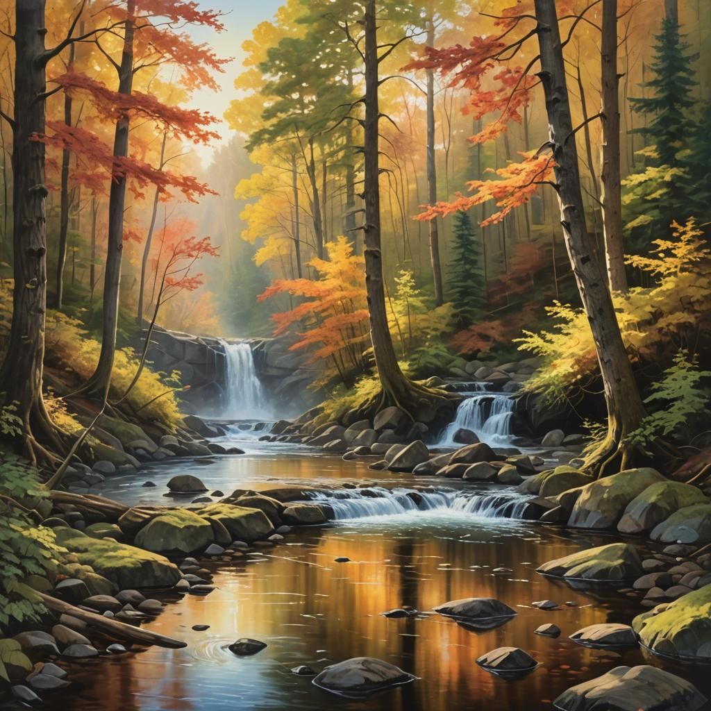 Autumn Forest River as Oil Painting