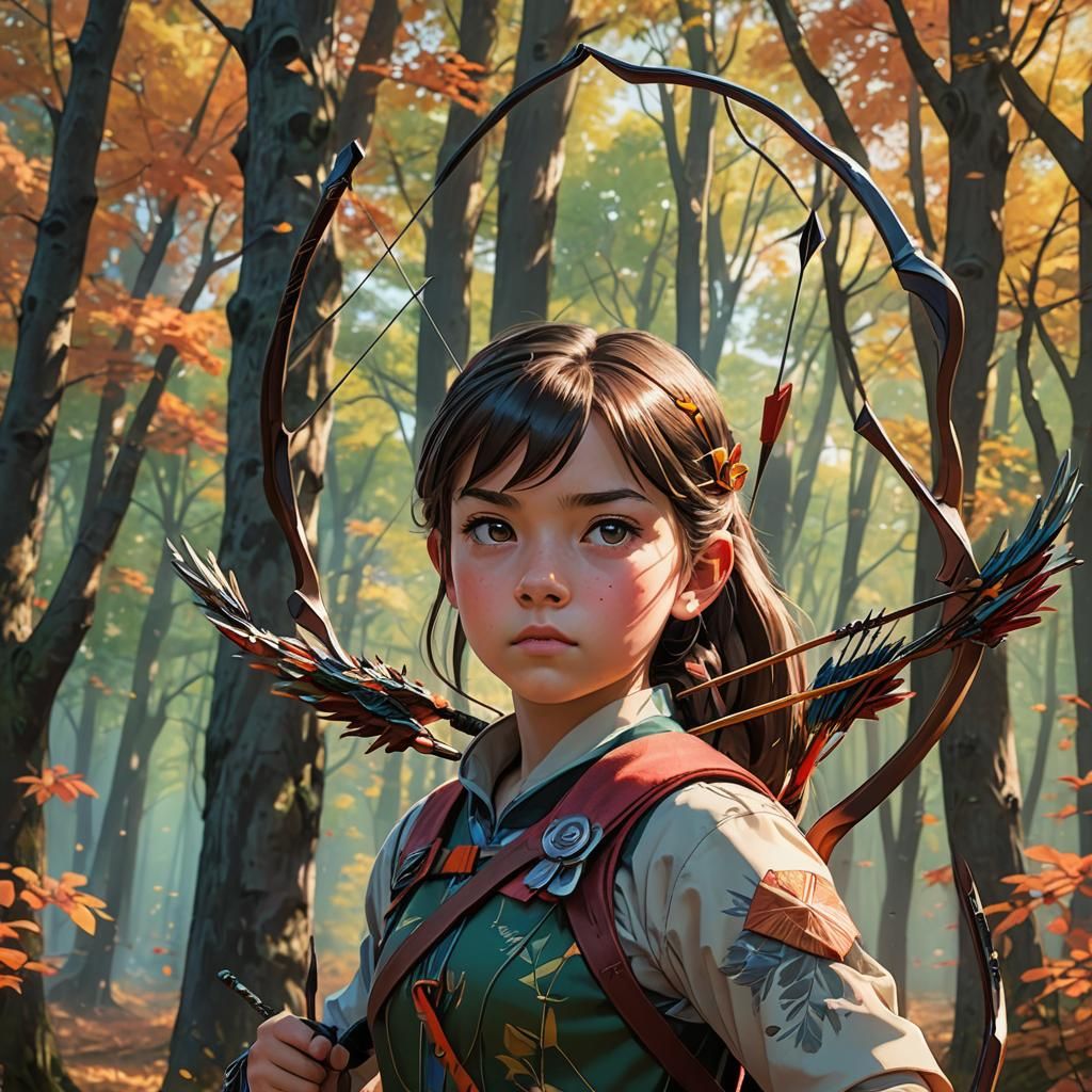 Anime Girl Archer in Sunlit Forest
