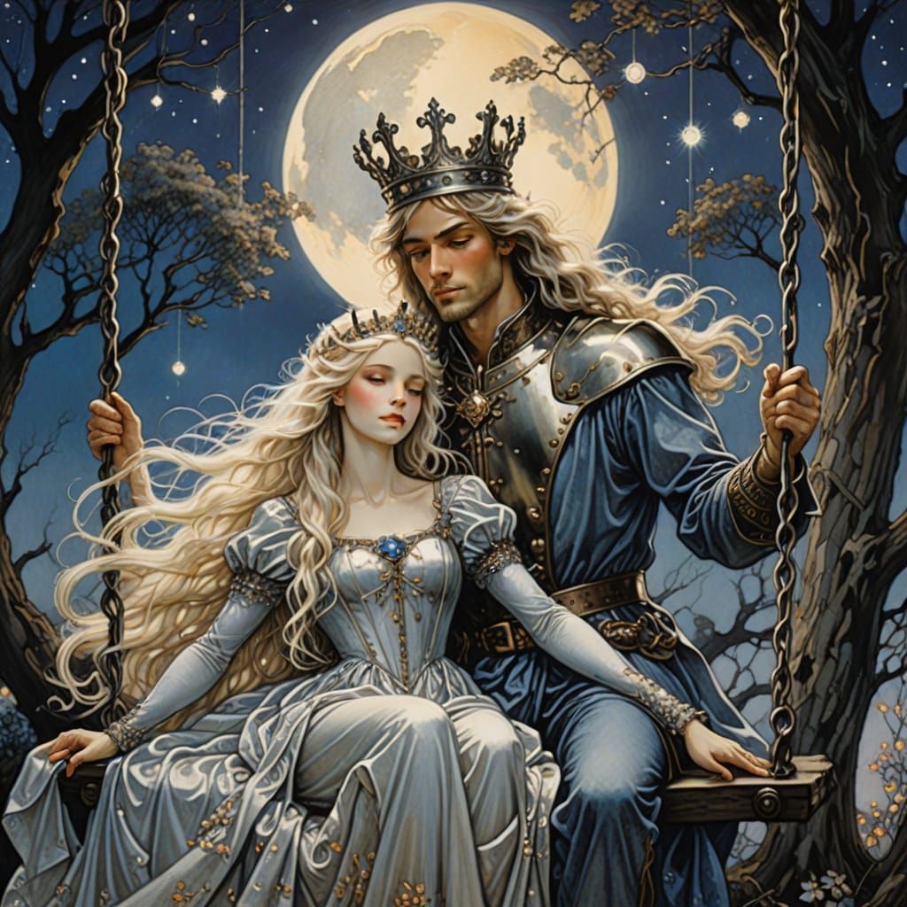 Romantic Fantasy: King and Blonde on Moonlit Swing