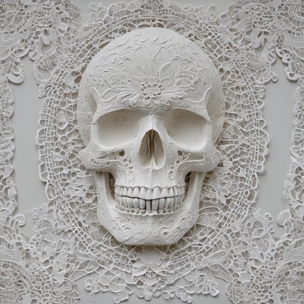 Embossed White Skull and Lace on Paper