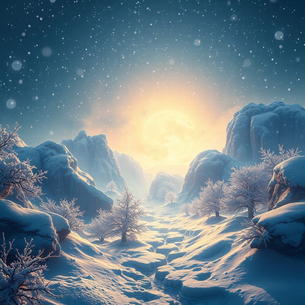 Snowflakes Gently Falling in a Dreamlike Fantasy Landscape