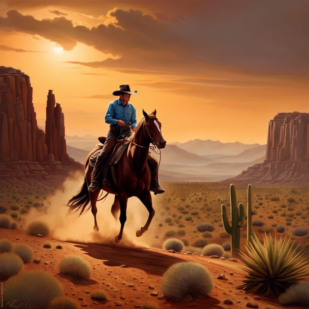 Cowboy on Horseback in Desert Landscape