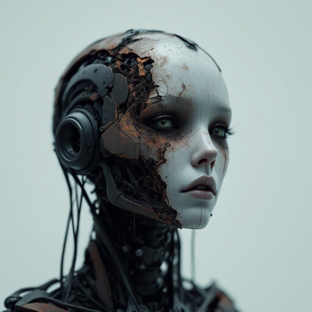 Decaying Android: Minimalist Portrait in 3D Anime Style