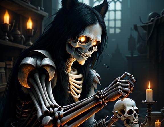 Furry Skeleton Bone Cleaning in Dark Fantasy Style