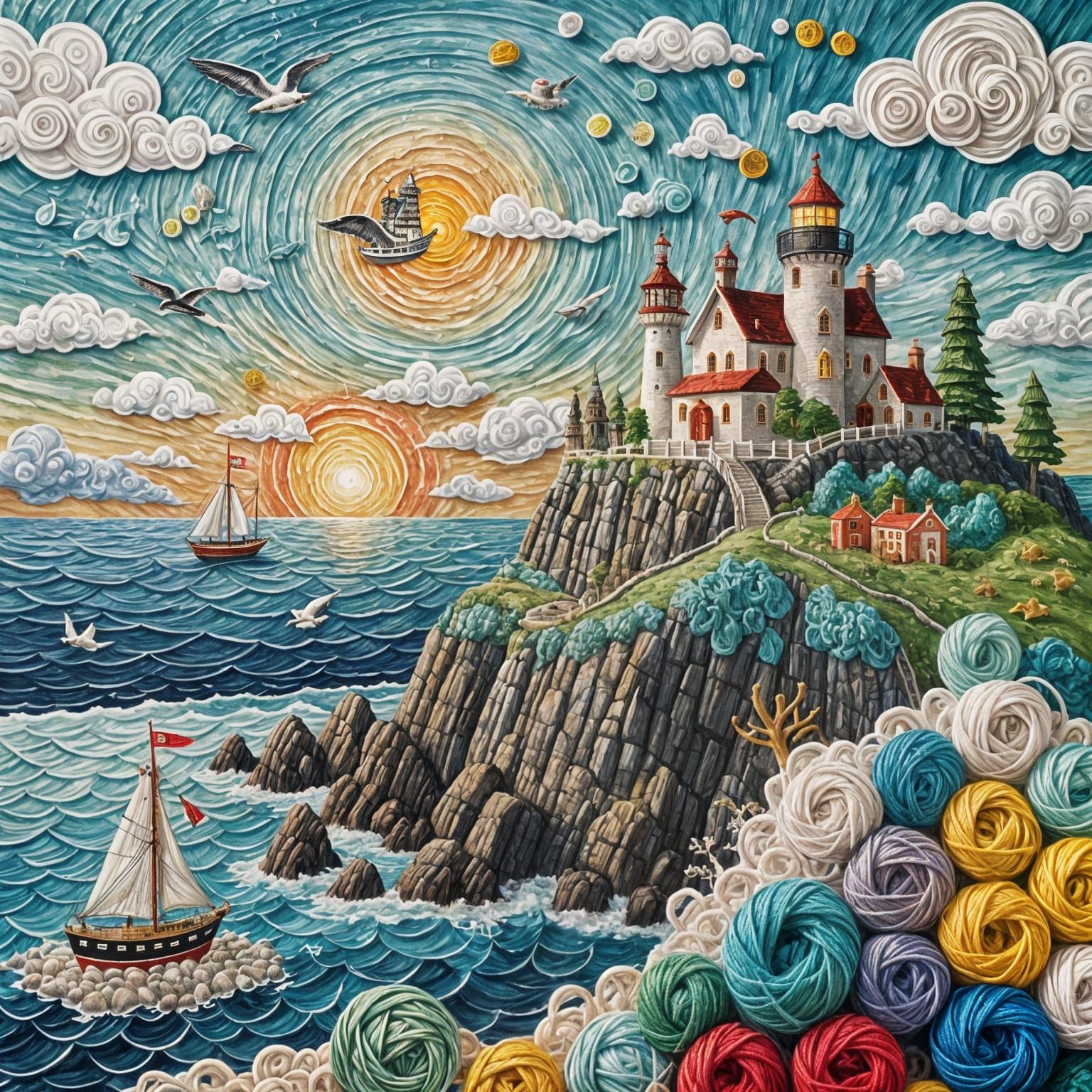Yarn Art: Castle, Ship, Seagull, Lighthouse