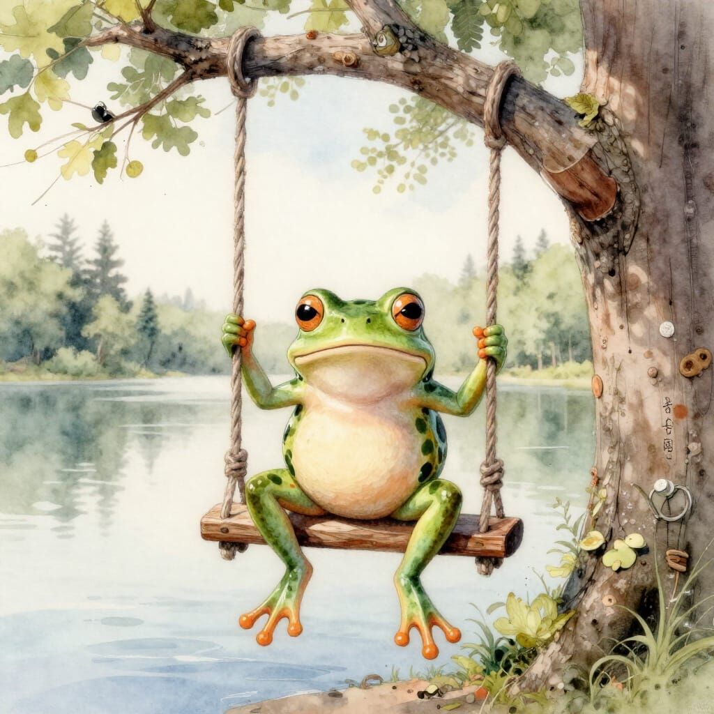 Tiny Frog Creature on Treehouse Swing, Watercolour Charcoal ...