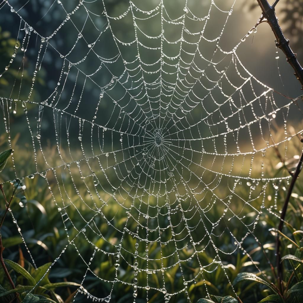 Dew-Covered Spider Web: Intricate Details in Morning Light