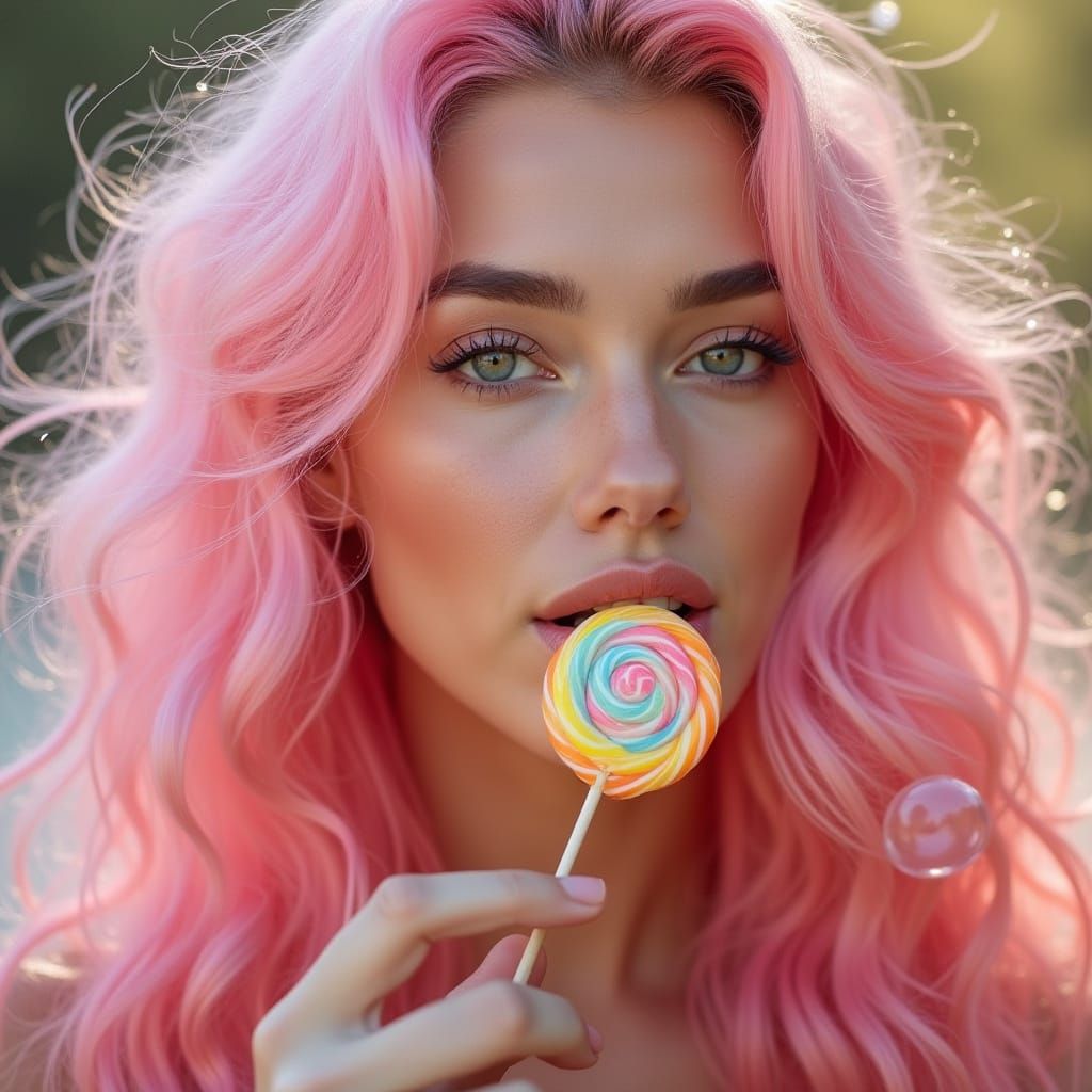 Glowing Woman with Vibrant Pink Hair and Bubbles
