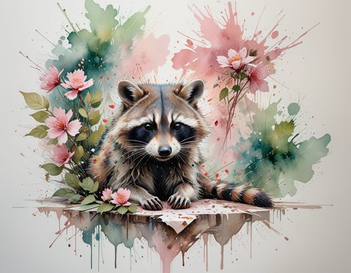Raccoon in Leafy Park with Watercolor Splashes
