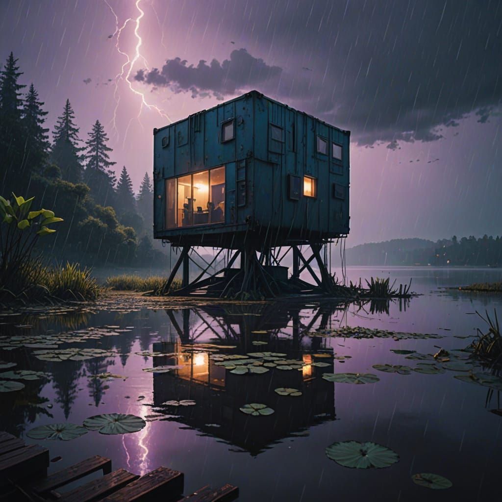 Cinematic Futuristic Cabin Scene with Rainy Lake