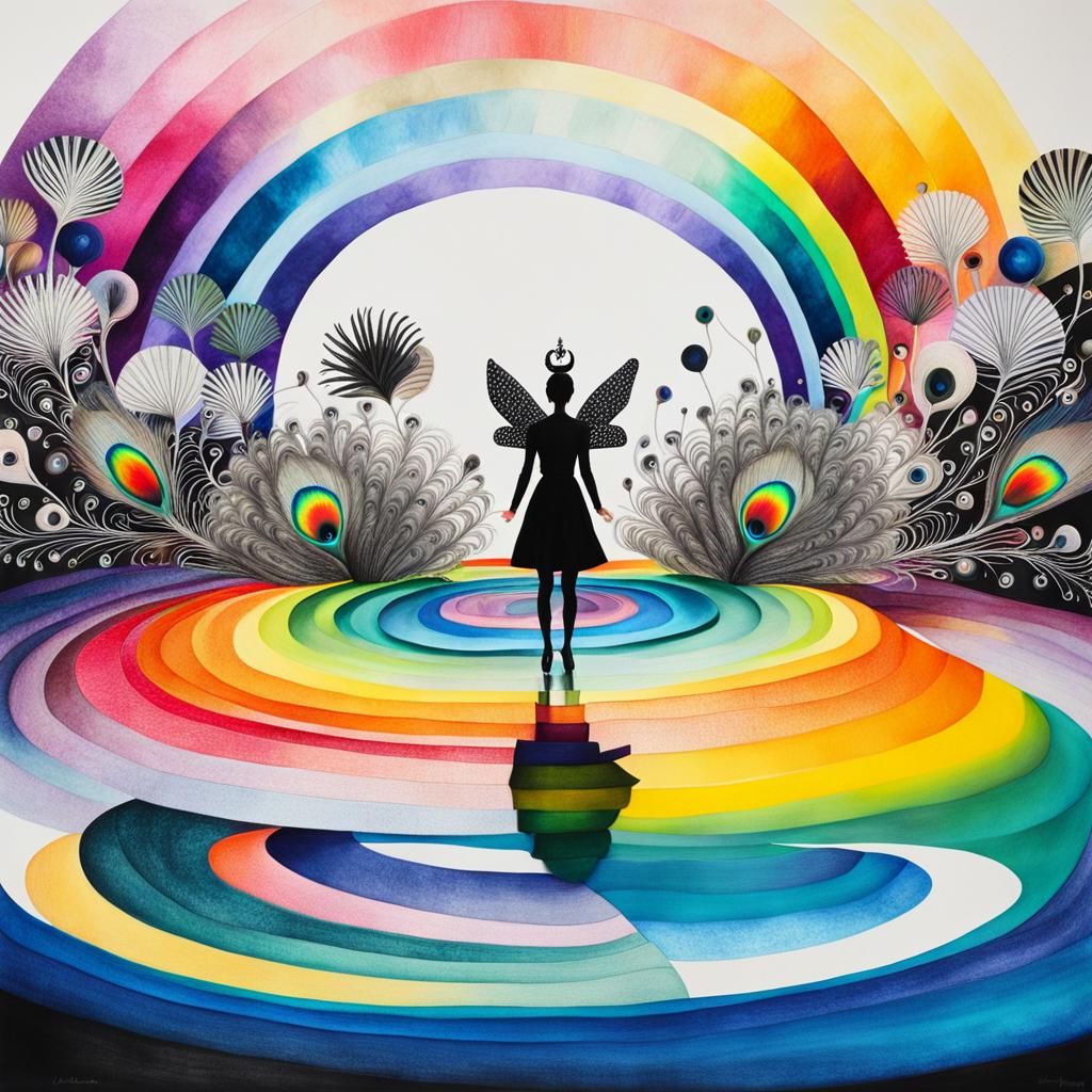 Luminous Fairy Peacock amidst B&W Treasures in Vibrant Rayog...