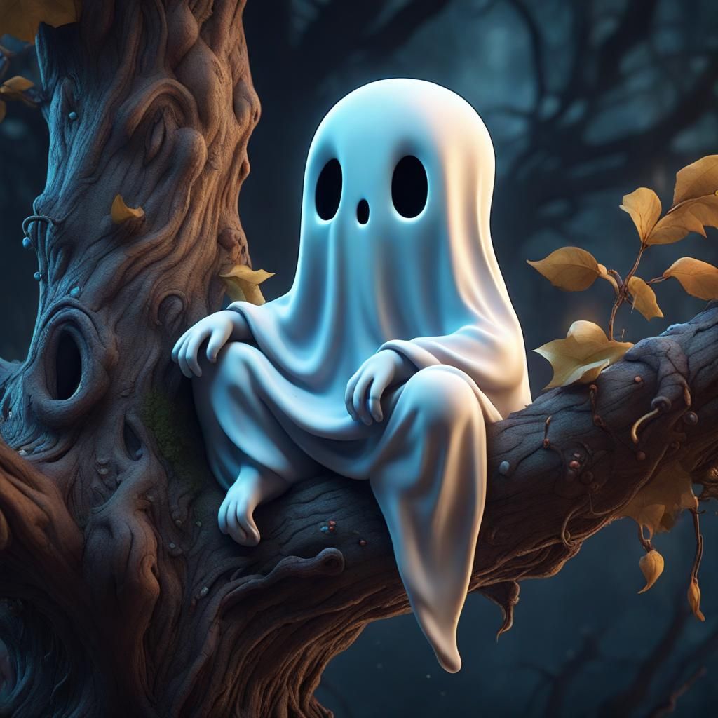 Cute Baby Ghost in Tree: Fantasy Concept Art