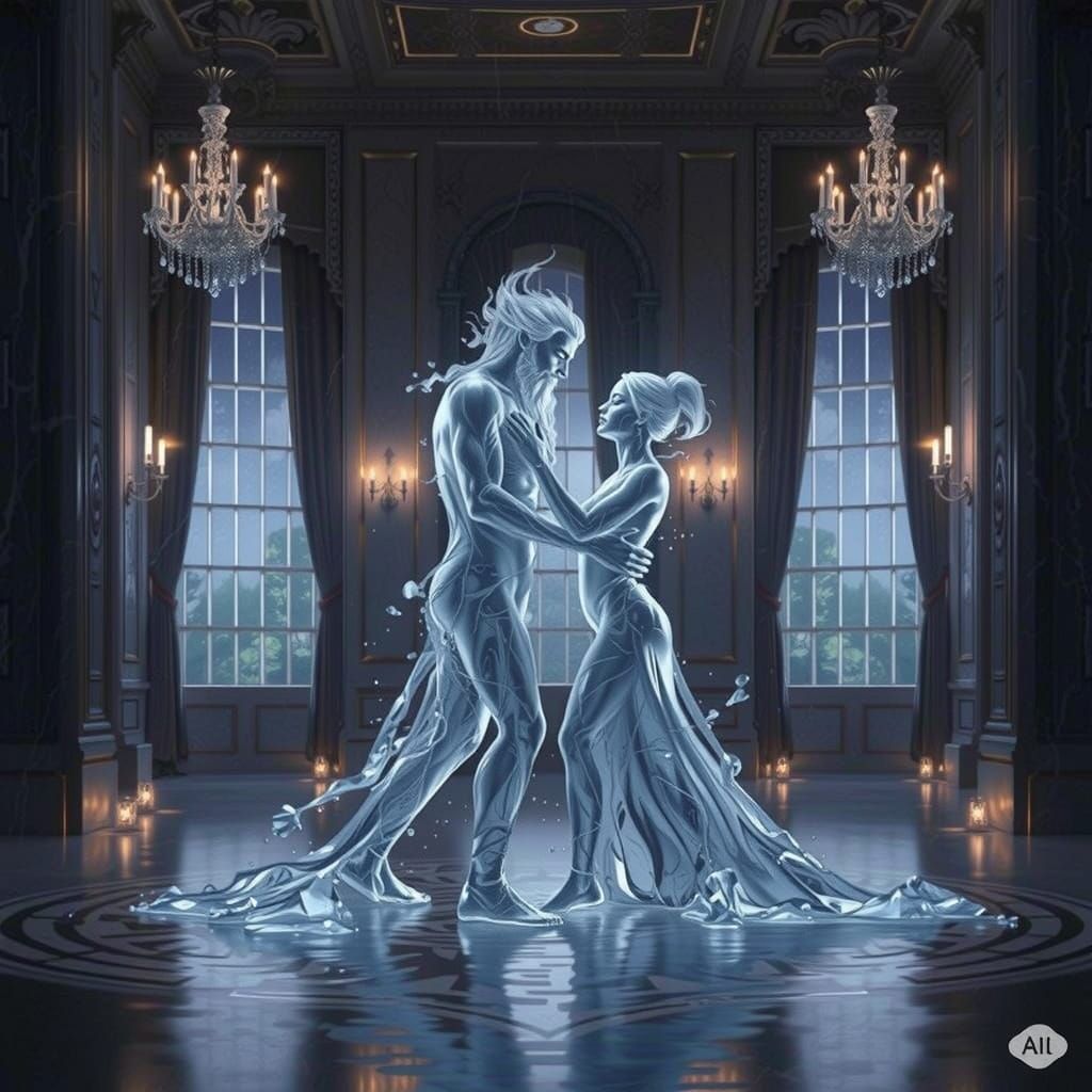 Norse Water Gods Embrace in Shimmering Chamber