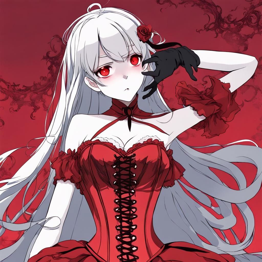 Ethereal Girl in Red Corset: Anime Style Portrait
